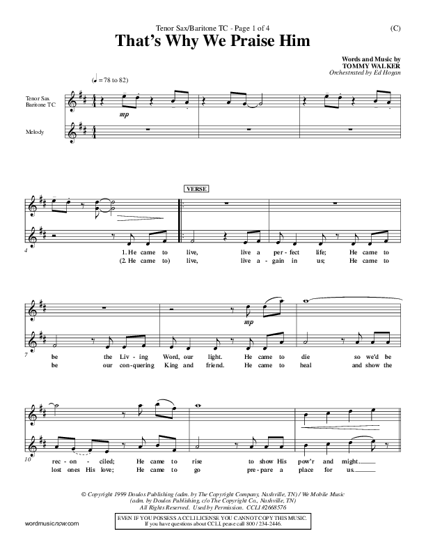 That's Why We Praise Him Tenor Sax/Baritone T.C. (Tommy Walker)