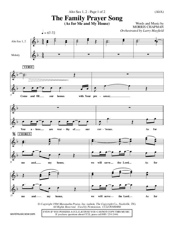 The Family Prayer Song Alto Sax 1/2 (Morris Chapman)