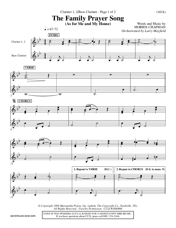 The Family Prayer Song Clarinet 1/2, Bass Clarinet (Morris Chapman)