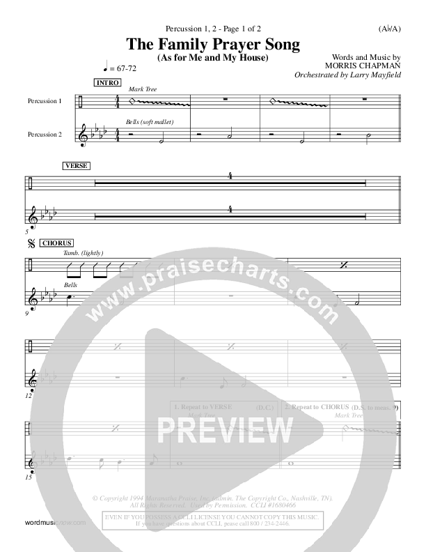 The Family Prayer Song Percussion 1/2 (Morris Chapman)