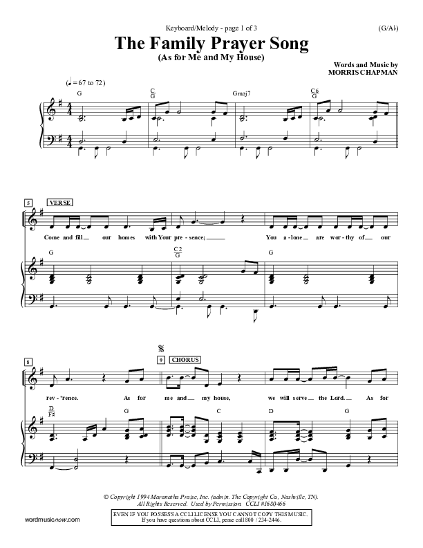 The Family Prayer Song Piano Sheet (Morris Chapman)