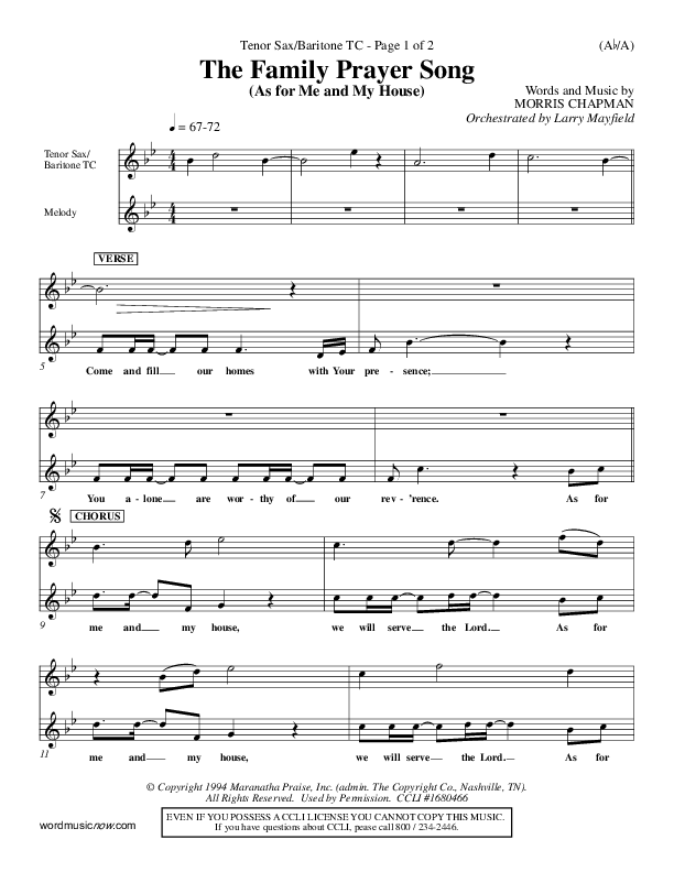 The Family Prayer Song Tenor Sax/Baritone T.C. (Morris Chapman)