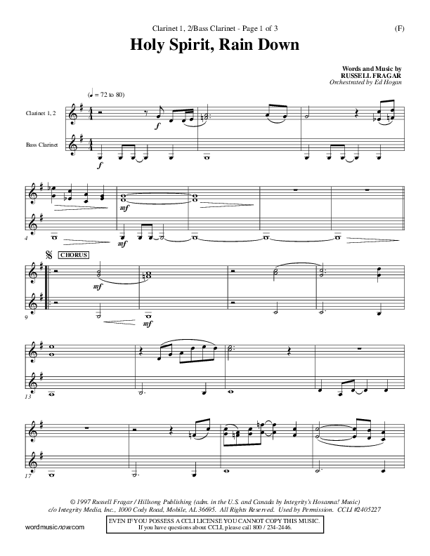 Holy Spirit Rain Down Clarinet 1/2, Bass Clarinet (Russell Fragar)