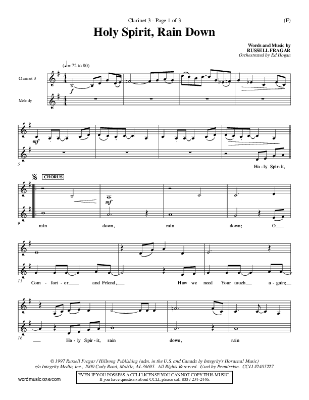 Holy Spirit Rain Down Clarinet 3 (Russell Fragar)