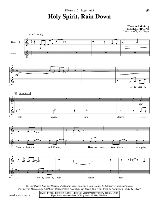 Holy Spirit Rain Down French Horn 1/2 (Russell Fragar)