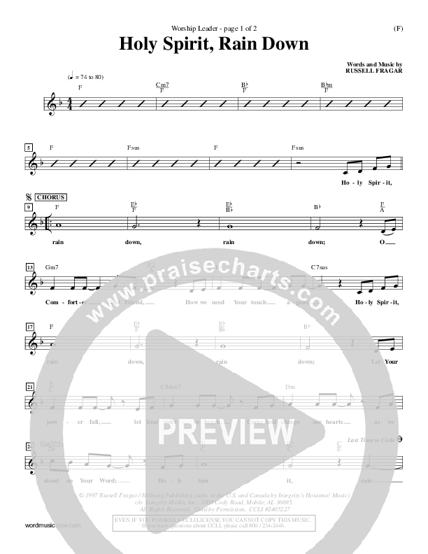 Holy Spirit Rain Down Lead Sheet (Russell Fragar)