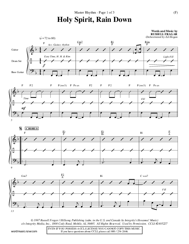 Holy Spirit Rain Down Rhythm Chart (Russell Fragar)