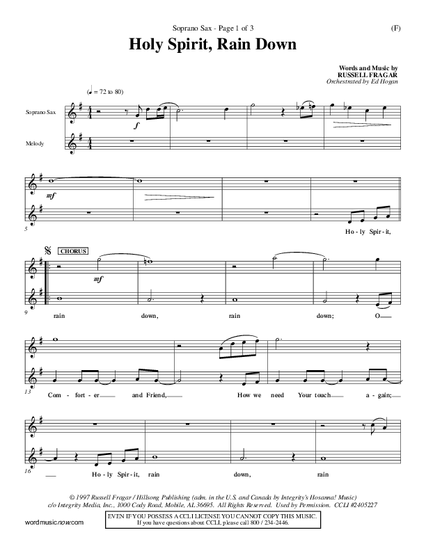 Holy Spirit Rain Down Soprano Sax (Russell Fragar)