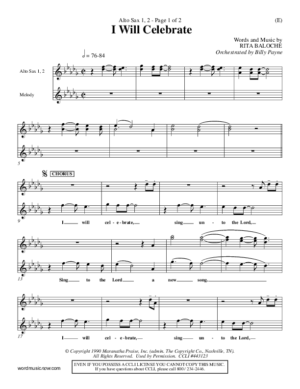 I Will Celebrate Alto Sax 1/2 (Rita Baloche)