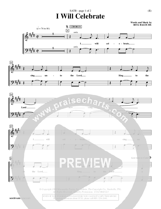 I Will Celebrate Choir Sheet (SATB) (Rita Baloche)