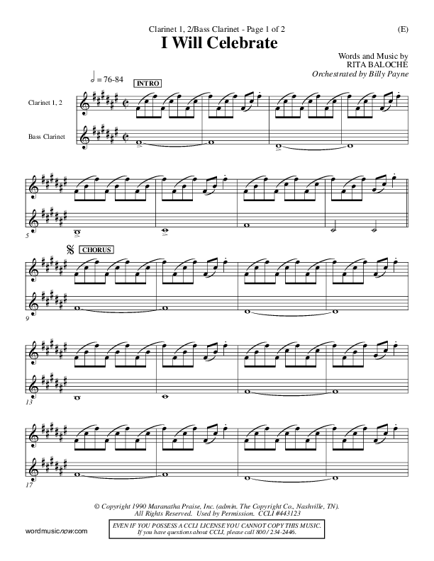 I Will Celebrate Clarinet 1/2, Bass Clarinet (Rita Baloche)