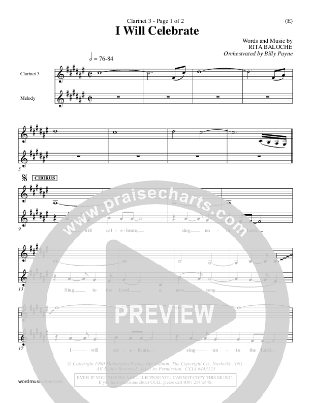 I Will Celebrate Clarinet 3 (Rita Baloche)