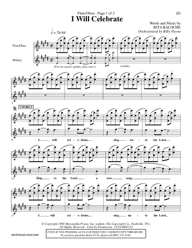 I Will Celebrate Flute/Oboe (Rita Baloche)