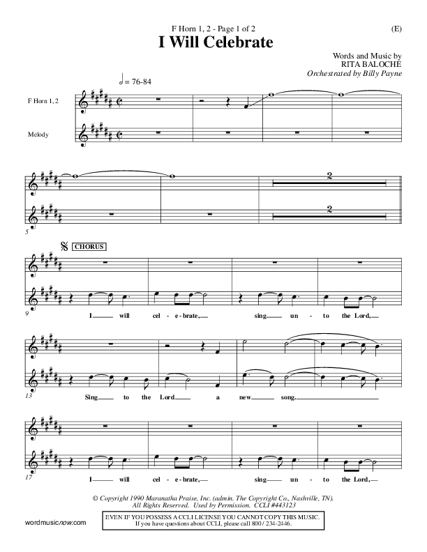 I Will Celebrate French Horn 1/2 (Rita Baloche)