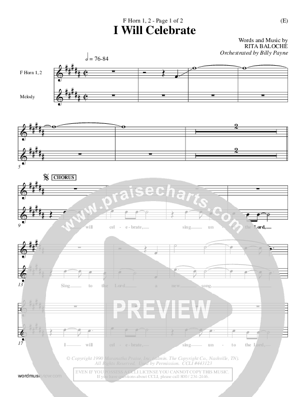 I Will Celebrate French Horn 1/2 (Rita Baloche)