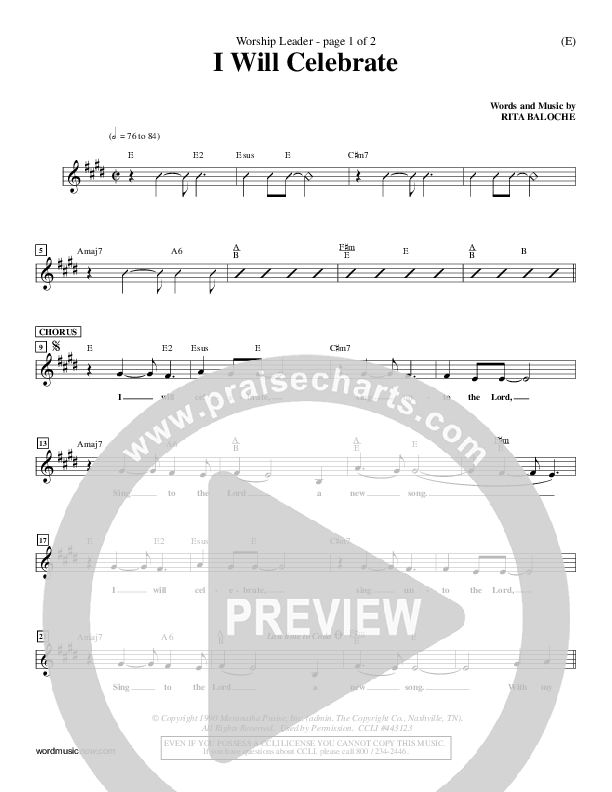 I Will Celebrate Lead Sheet (Rita Baloche)