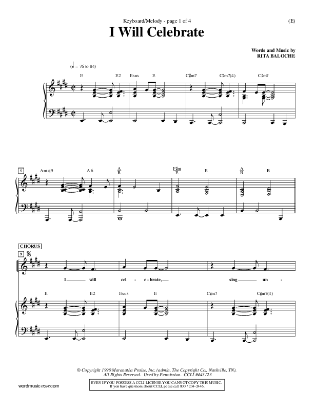 I Will Celebrate Piano/Vocal (Rita Baloche)