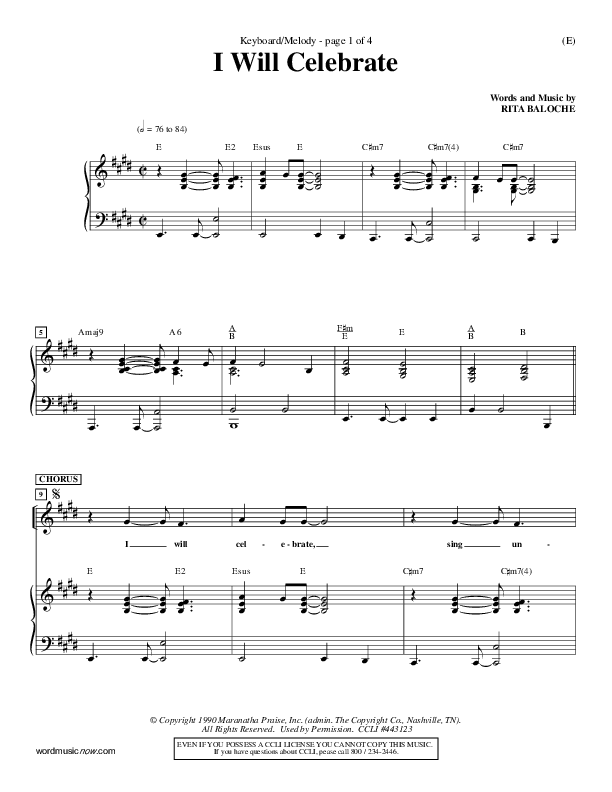 I Will Celebrate Lead Sheet (Rita Baloche)
