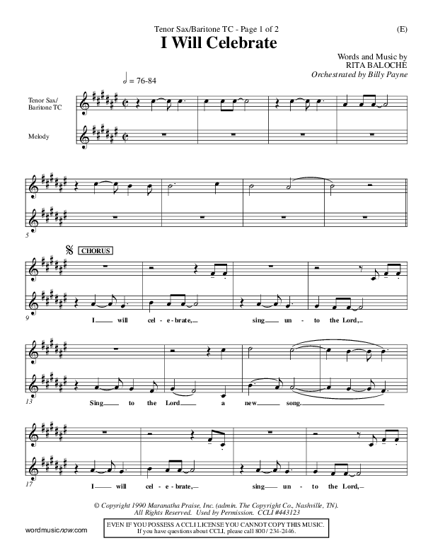 I Will Celebrate Tenor Sax/Baritone T.C. (Rita Baloche)