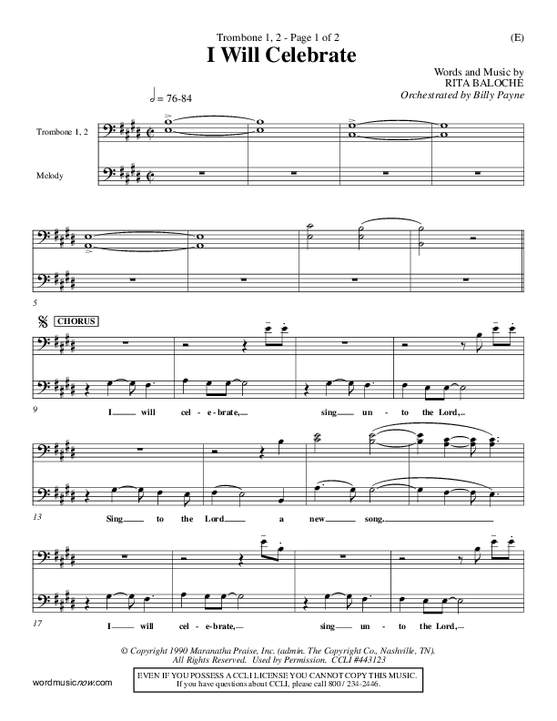 I Will Celebrate Trombone 1/2 (Rita Baloche)