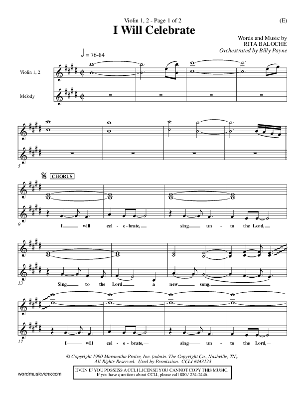 I Will Celebrate Violin 1/2 (Rita Baloche)