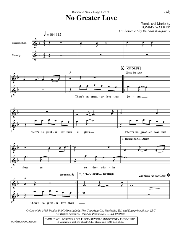No Greater Love Bari Sax (Tommy Walker)