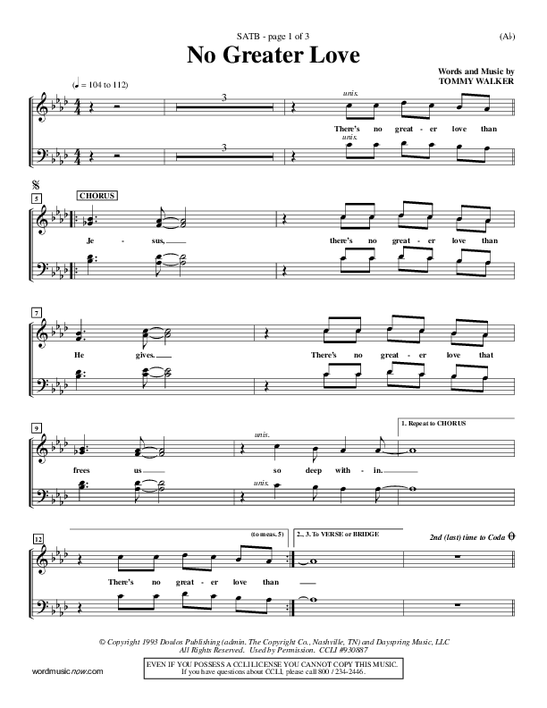 No Greater Love Choir Sheet (SATB) (Tommy Walker)
