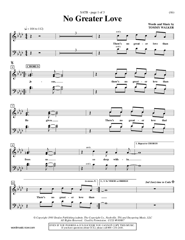 No Greater Love Choir Vocals (SATB) (Tommy Walker)