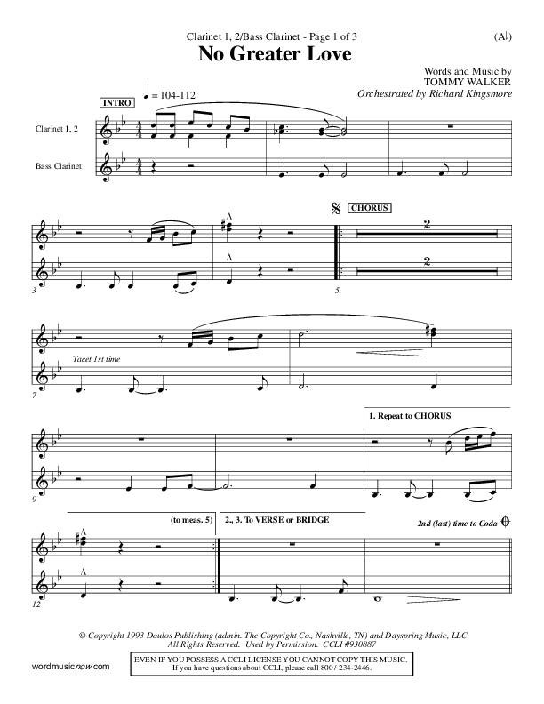 No Greater Love Clarinet 1/2, Bass Clarinet (Tommy Walker)