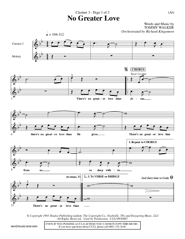 No Greater Love Clarinet 3 (Tommy Walker)