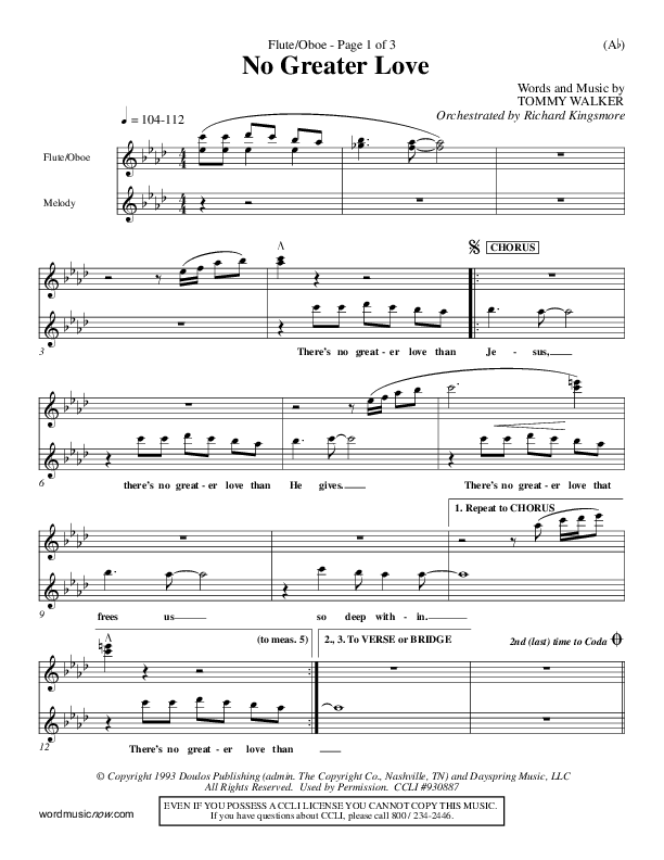 No Greater Love Flute/Oboe (Tommy Walker)