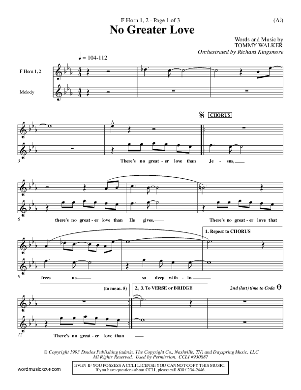 No Greater Love French Horn 1/2 (Tommy Walker)