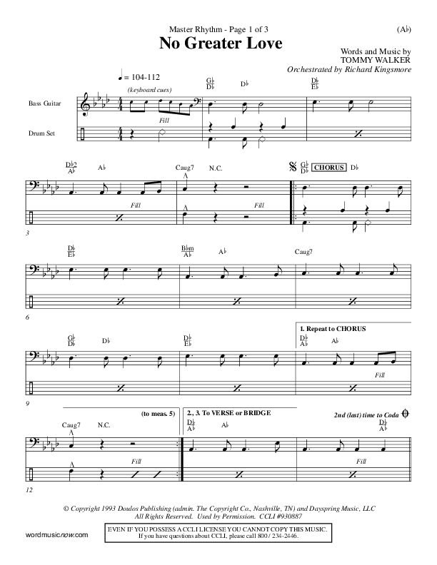 No Greater Love Rhythm Chart (Tommy Walker)