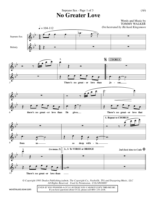 No Greater Love Soprano Sax (Tommy Walker)