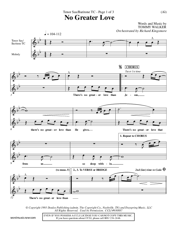 No Greater Love Tenor Sax/Baritone T.C. (Tommy Walker)