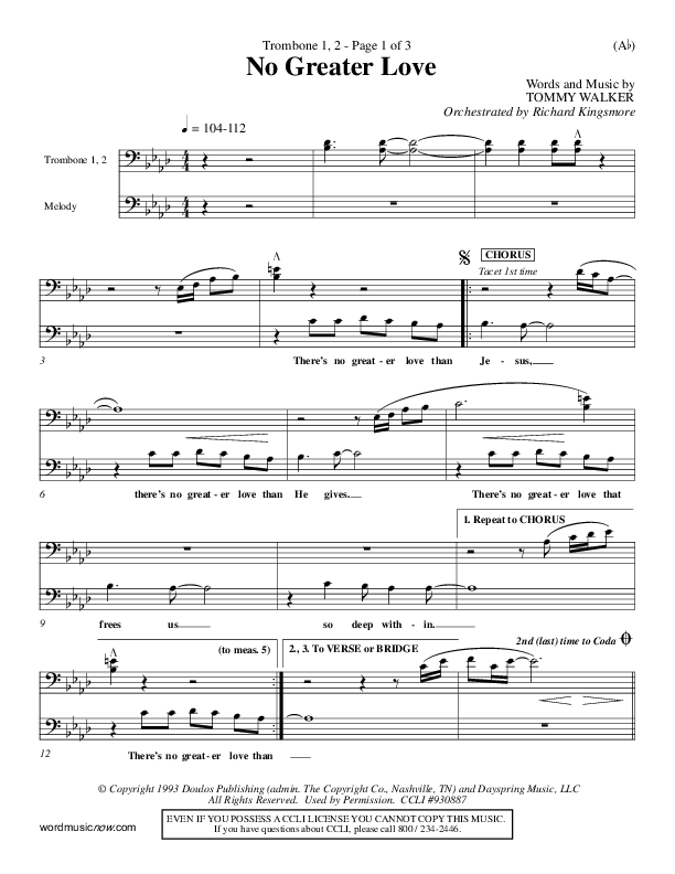 No Greater Love Trombone 1/2 (Tommy Walker)