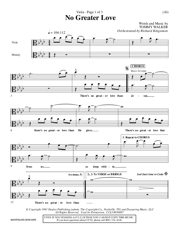 No Greater Love Viola (Tommy Walker)