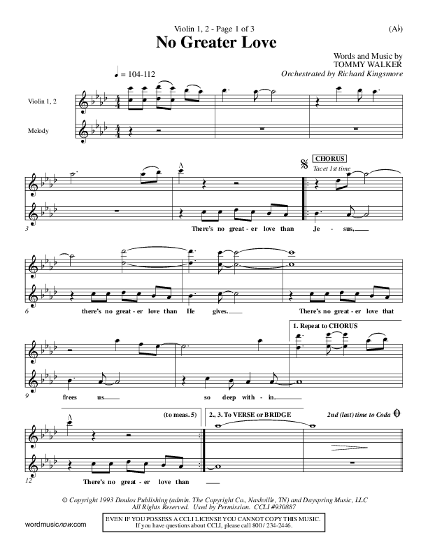 No Greater Love Violin 1/2 (Tommy Walker)