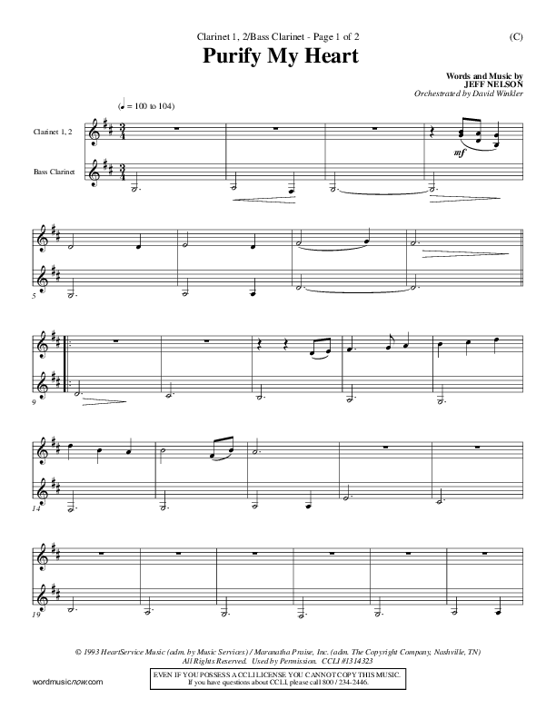 Purify My Heart Clarinet 1/2, Bass Clarinet (Jeff Nelson)