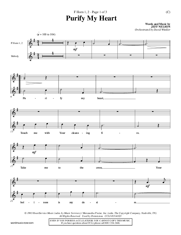 Purify My Heart French Horn 1/2 (Jeff Nelson)