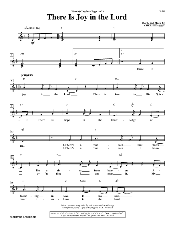 There Is Joy In The Lord Lead Sheet (Cheri Keaggy)