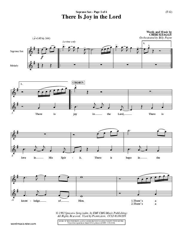 There Is Joy In The Lord Soprano Sax (Cheri Keaggy)