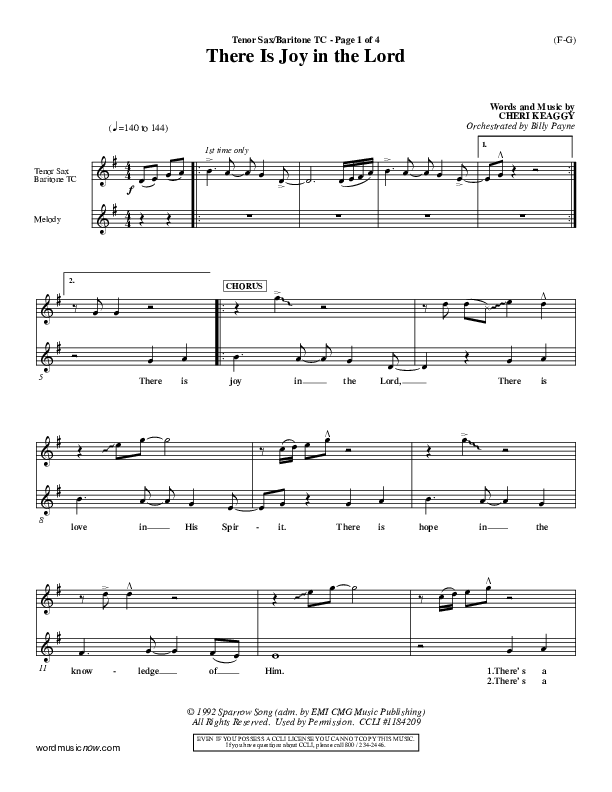 There Is Joy In The Lord Tenor Sax/Baritone T.C. (Cheri Keaggy)