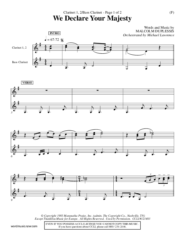 We Declare Your Majesty Clarinet 1/2, Bass Clarinet (Malcolm du Plessis)