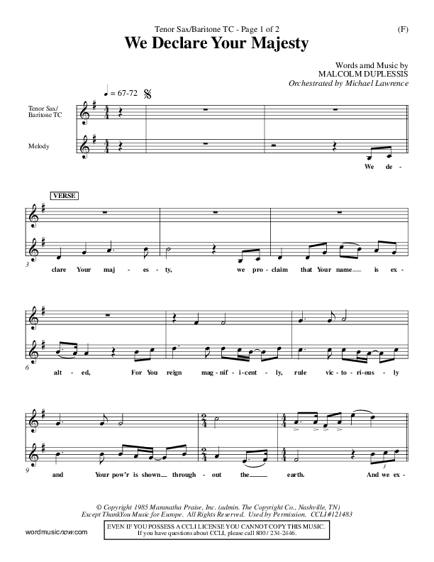 We Declare Your Majesty Tenor Sax/Baritone T.C. (Malcolm du Plessis)