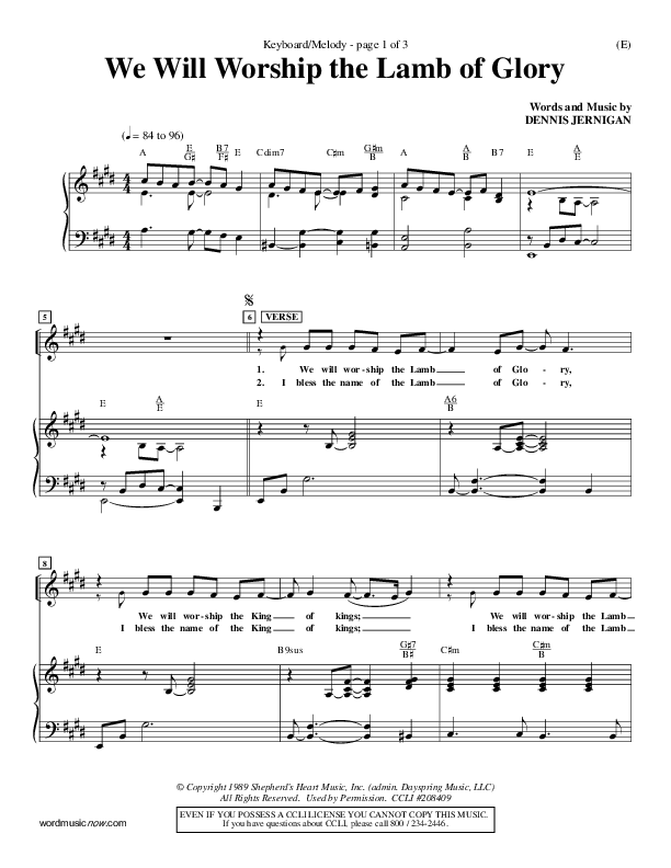 We Will Worship The Lamb of Glory Piano/Vocal (Dennis Jernigan)