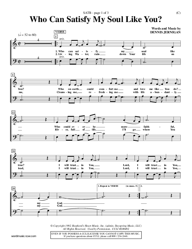 Who Can Satisfy My Soul Like You Choir Vocals (SATB) (Dennis Jernigan)