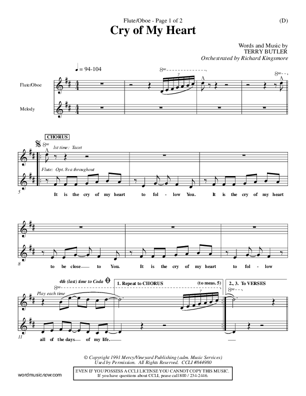 Cry of My Heart Flute/Oboe (Terry Butler)