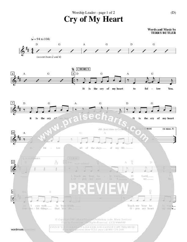 Cry of My Heart Lead Sheet (Terry Butler)