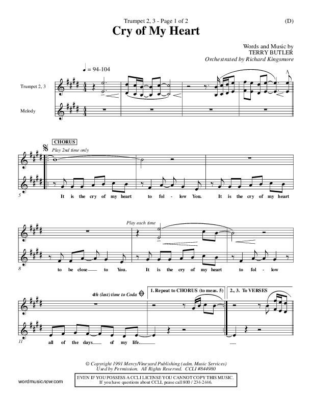 Cry of My Heart Trumpet 2/3 (Terry Butler)